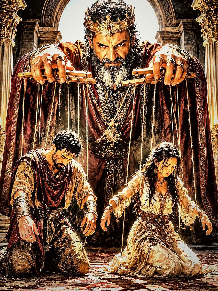 Rei manipulando marionetes representando controle e manipulação, ilustração da história de Saul